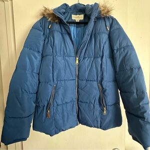 Blue Puffer Jacket with Faux Fur Hood